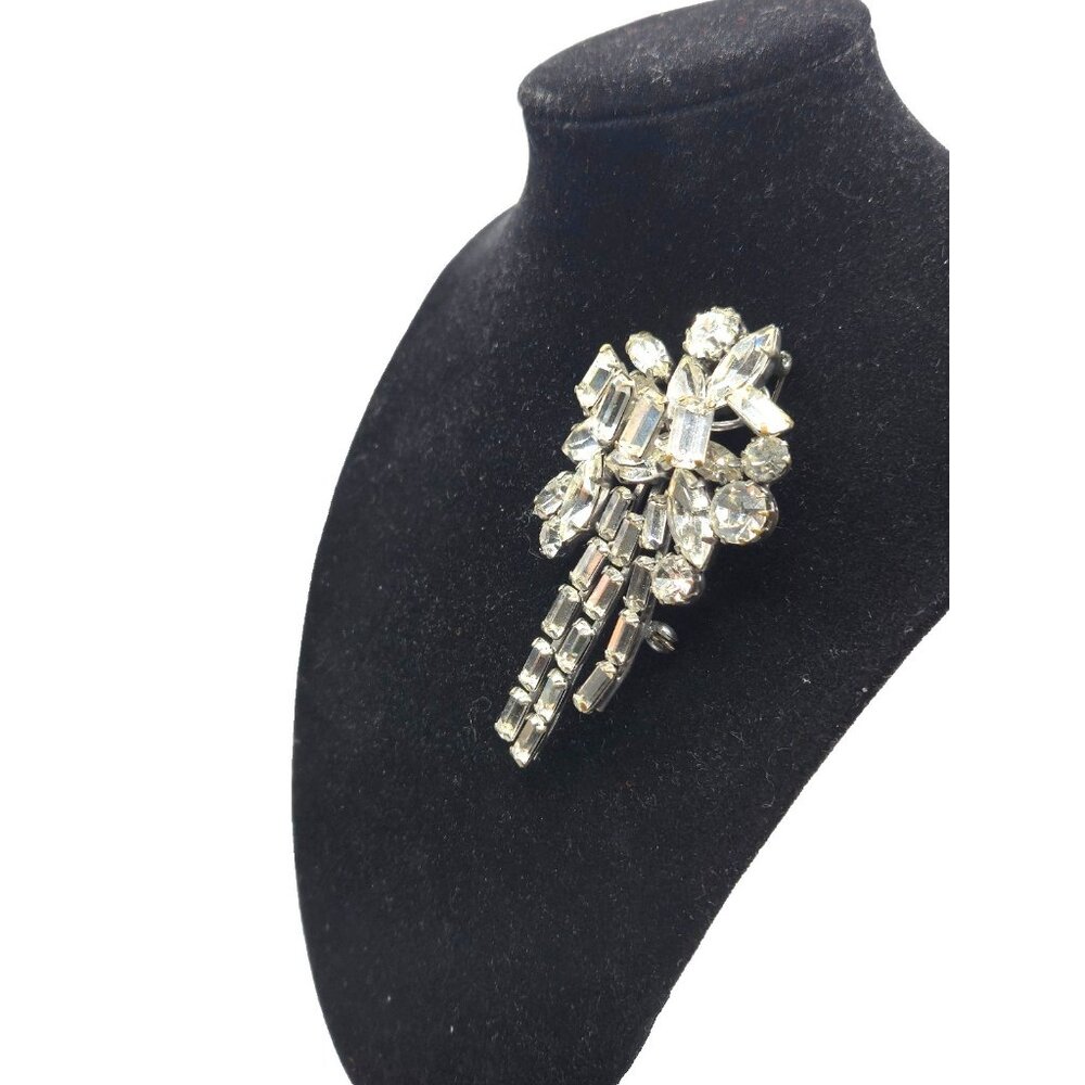 Rare Unsigned Sherman Clear Rhinestone Waterfall Brooch Vintage 1950s 3"